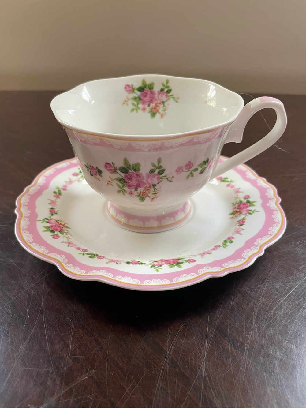 Eileen’s Reserve teaware pink and white porcelain teacup and saucer